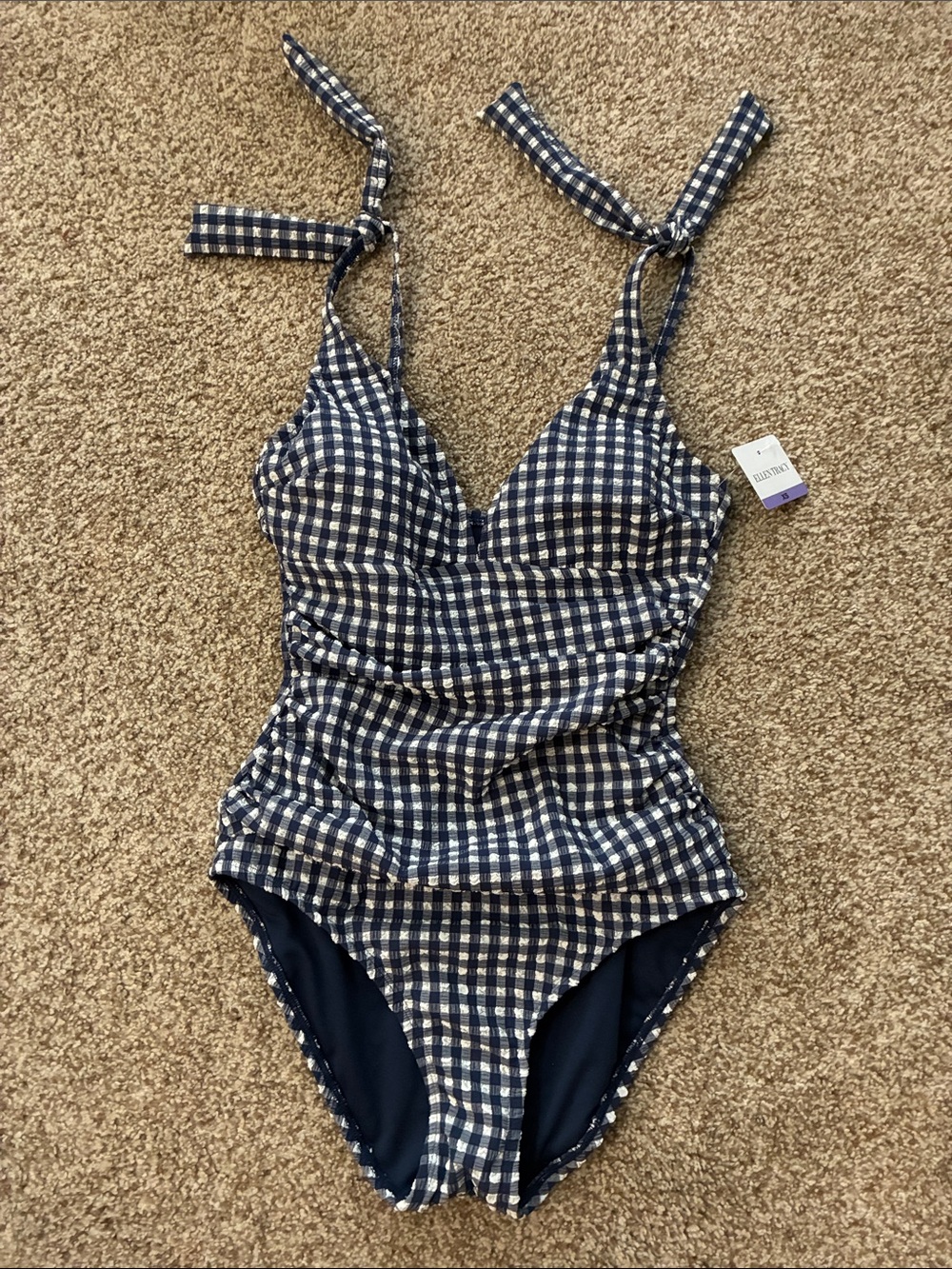 Ellen Tracy Navy and White Gingham One-Piece Swimsuit with Tie Straps - Women